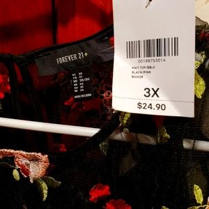 3X Flowered black sheer blouse